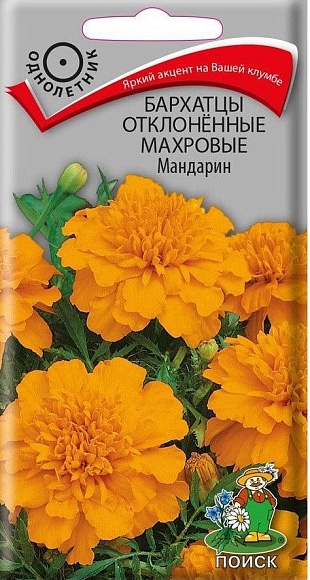 Семена цветов, Бархатцы отклоненные махровые Мандарин, 0,4гр, ПОИСК